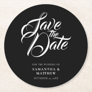 Calligraphy Script Save The Date Invitation Round Paper Coaster