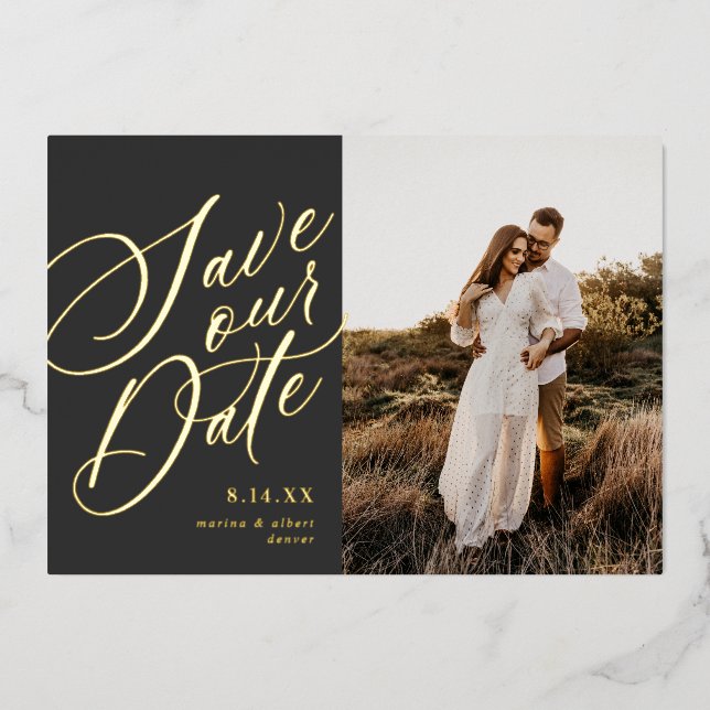 Calligraphy Script Save the Date Photo Gold Foil I (Front)