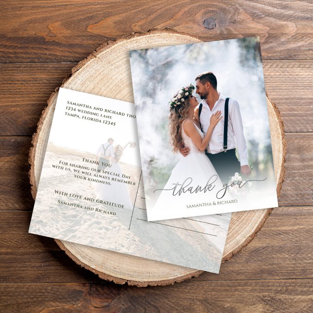 Calligraphy Script Simple Elegant Two Photo Modern Postcard (Silver calligraphy script photo thank you postcard. )