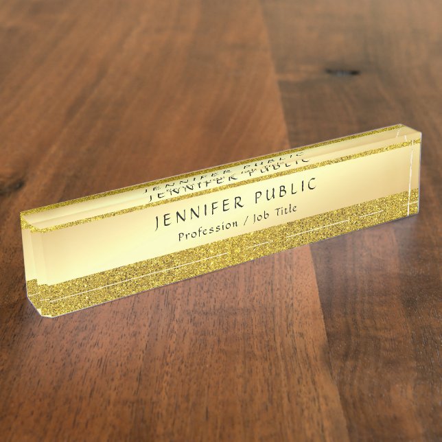 Calligraphy Script Text Name Elegant Gold Glitter Nameplate (Side)