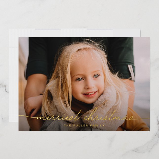 Calligraphy Script Three Photo Merry Christmas  Foil Holiday Card (Envelope)