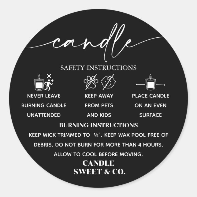 calligraphy Script Warning Candle Black and White  Classic Round Sticker (Front)