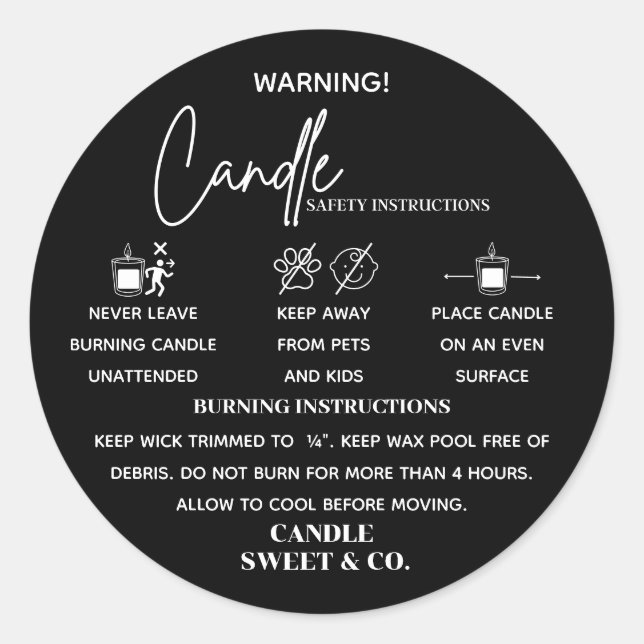calligraphy Script Warning Candle Black Modern Classic Round Sticker (Front)