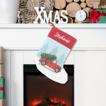 Calligraphy Script Watercolor Rustic Red Truck Small Christmas Stocking<br><div class="desc">This design features a Christmas cute calligraphy script stocking with a watercolor simple rustic red truck, a winter snow snowfall snowflake falling, stylish trendy whimsical whimsy holiday, vintage old fashioned country woods, woodland winter Christmas tree scene, a classic classy red blue green, Christmas holiday home decor, custom customised personalised name,...</div>