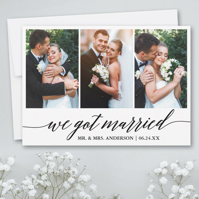 Calligraphy Script We Got Married Wedding Card (Customize to add text or more photos to back of card.)