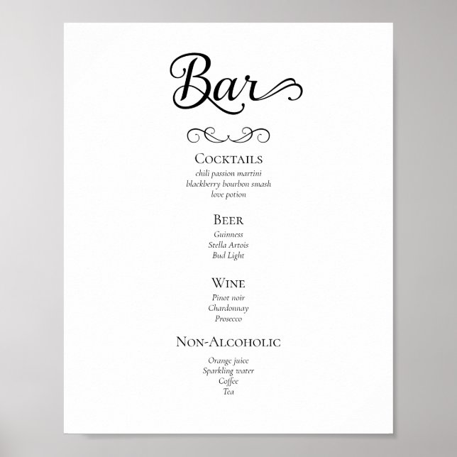 Calligraphy Script Wedding Drinks Menu Sign (Front)