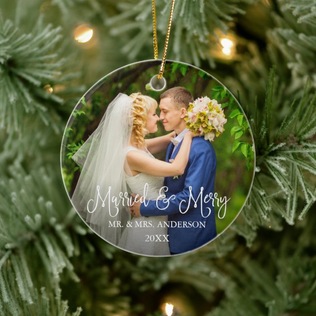 Calligraphy Script Wedding Photo Married and Merry Ceramic Ornament (Tree)