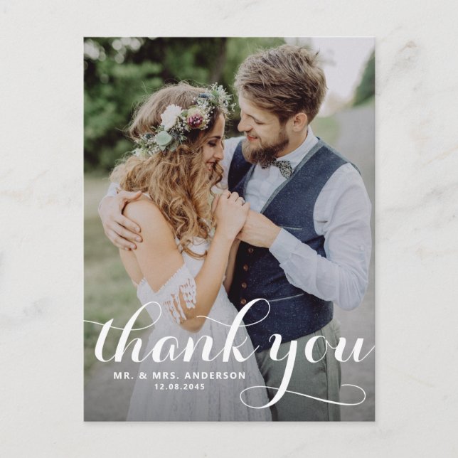 Calligraphy Script Wedding Thank You Postcard (Front)