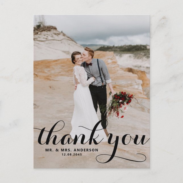 Calligraphy Script Wedding Thank You Postcard (Front)
