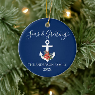 Calligraphy Seas and Greetings Poinsettia Anchor Ceramic Ornament