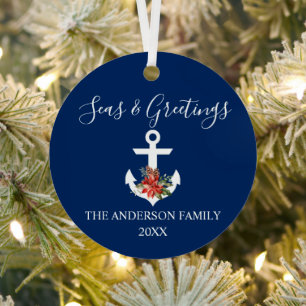 Calligraphy Seas and Greetings Poinsettia Anchor Metal Tree Decoration