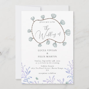 Calligraphy Seashell & Seaweed Beach Wedding Invitation