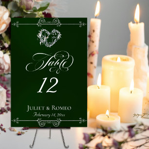 Calligraphy & Silver Heart - Emerald Table Number