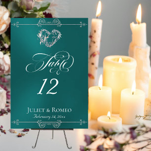 Calligraphy & Silver Heart - Teal Table Number