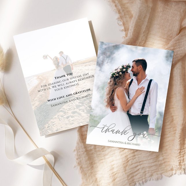 Calligraphy Silver Script Thank You Wedding Photo (Wedding silver thank you card with elegant calligraphy script. )