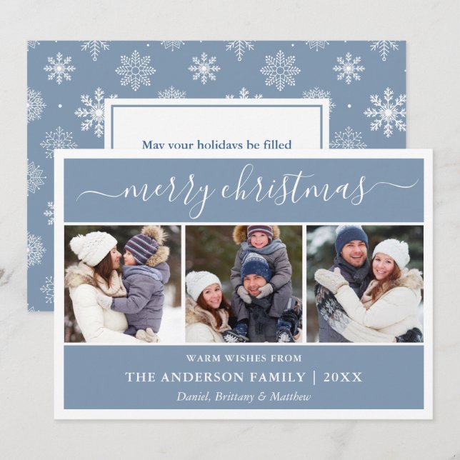 Calligraphy Snowflakes Christmas Blue 3 Photo Holiday Card (Front/Back)