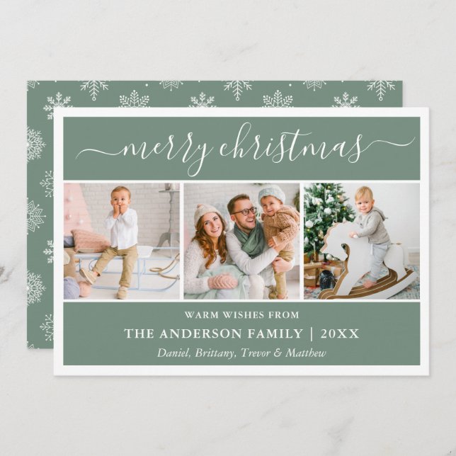 Calligraphy Snowflakes Christmas Green 3 Photo Holiday Card (Front/Back)