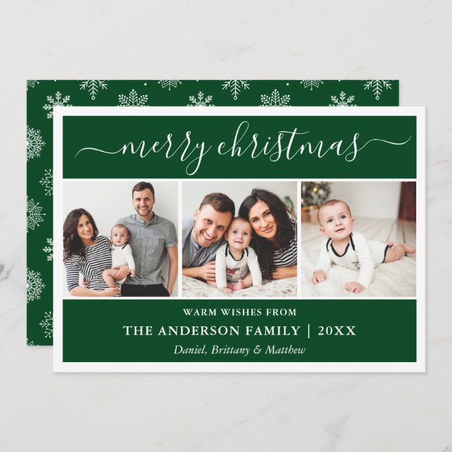 Calligraphy Snowflakes Christmas Green 3 Photo Holiday Card (Front/Back)