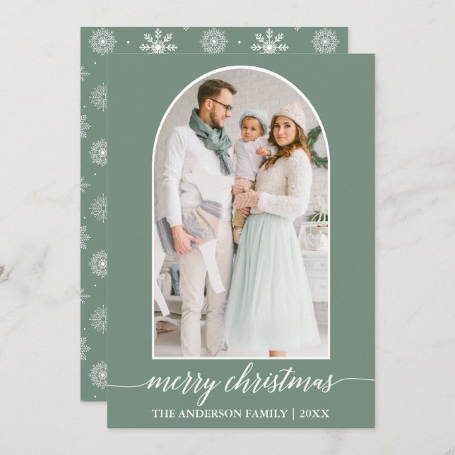 Calligraphy Snowflakes Photo Arch Sage Green Holiday Card (Front/Back)