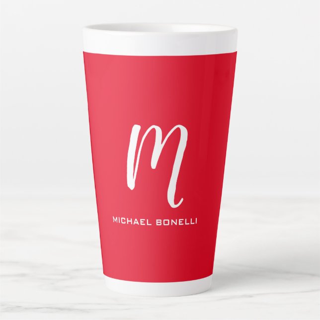 Calligraphy stylish red white monogram your name latte mug (Front)