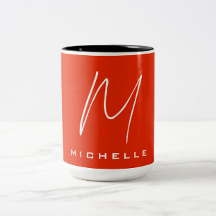 Calligraphy stylish red white monogram your name Two-Tone coffee mug