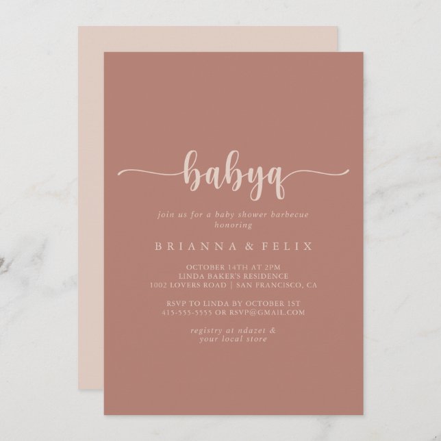 Calligraphy Terracotta BabyQ Baby Shower Barbecue Invitation (Front/Back)