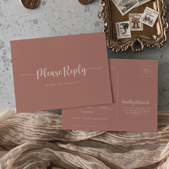 Calligraphy Terracotta Menu Choice RSVP  Postcard (Creator Uploaded)