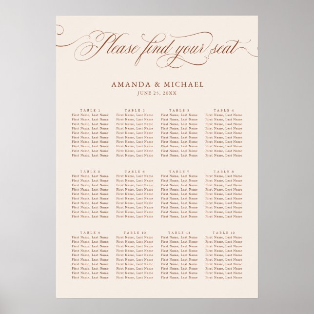 Calligraphy Terracotta wedding Seating Chart (Front)