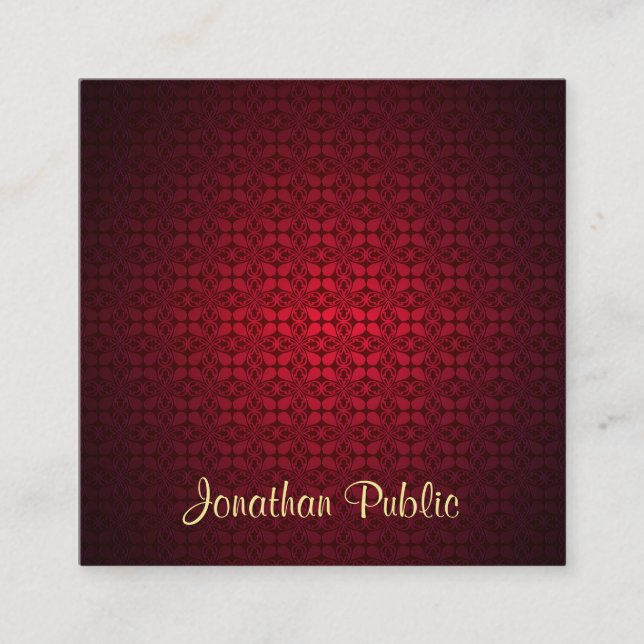 Calligraphy Text Template Professional Red Damask Square Business Card (Front)