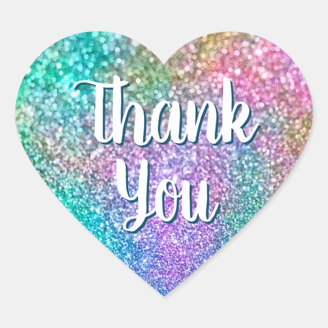 Calligraphy Thank You Colourful Mermaid Glitter Heart Sticker (Front)