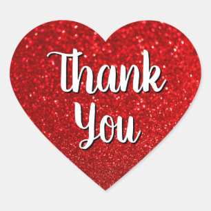 Calligraphy Thank You Red Glitter Bokeh Heart Sticker