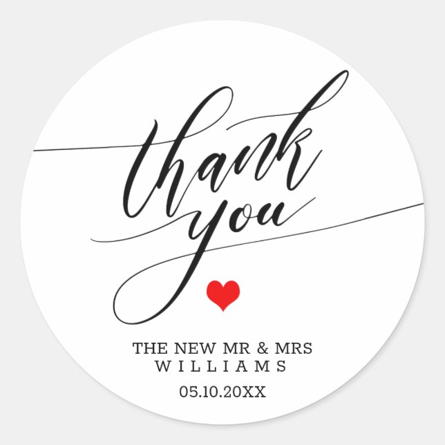 Calligraphy Thank You Red Heart Wedding Classic Round Sticker (Front)