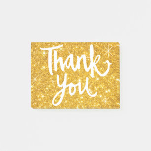 calligraphy thank you script on gold glitter look post-it notes