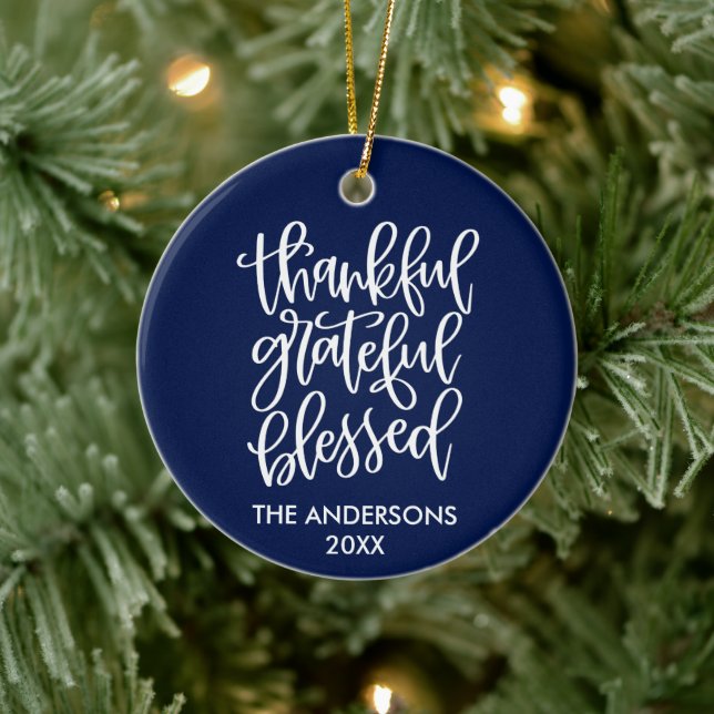 Calligraphy Thankful Grateful Blessed Blue Ceramic Ornament (Tree)