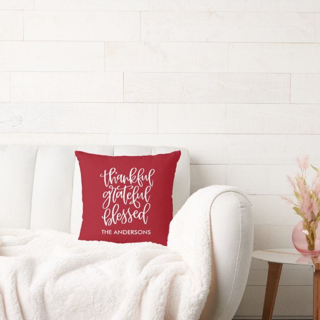 Calligraphy Thankful Grateful Blessed Name Red Cushion (Couch)