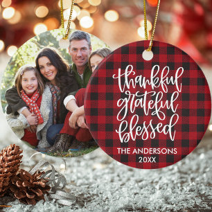 Calligraphy Thankful Grateful Blessed Plaid Photo Ceramic Ornament