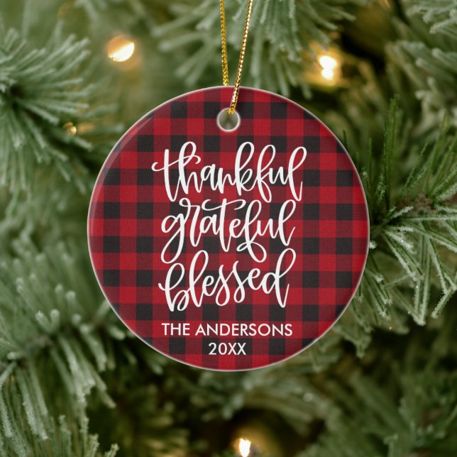Calligraphy Thankful Grateful Blessed Red Plaid Ceramic Ornament (Tree)