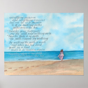 Calligraphy Traveler Poem on Watercolor Beach Poster