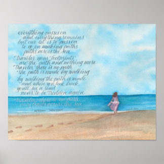 Calligraphy Traveler Poem on Watercolor Beach Poster