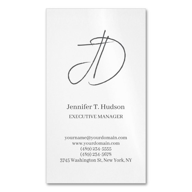 Calligraphy trendy classical script monogram grey 	Magnetic business card (Front Vertical)