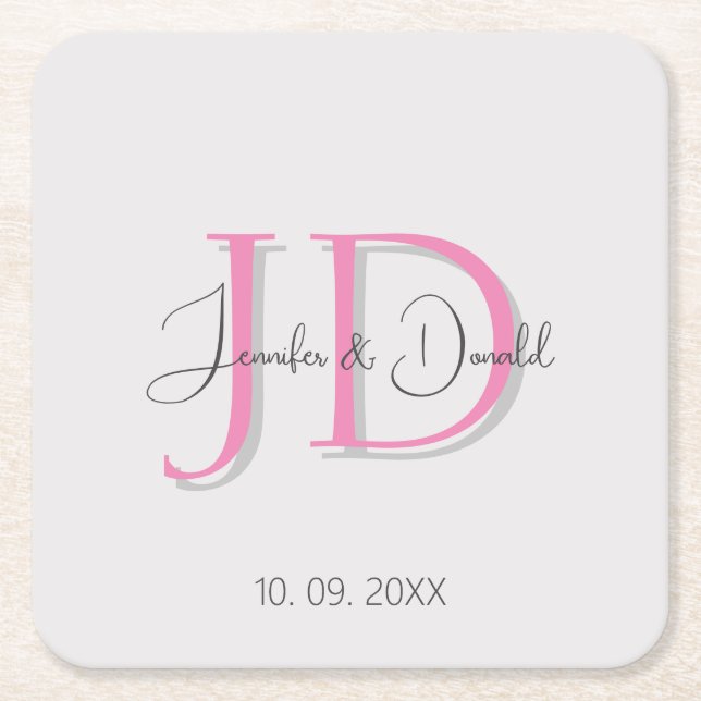 Calligraphy trendy classical script monogram square paper coaster (Front)