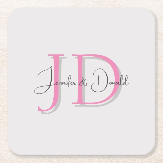 Calligraphy trendy classical script monogram square paper coaster (Front)