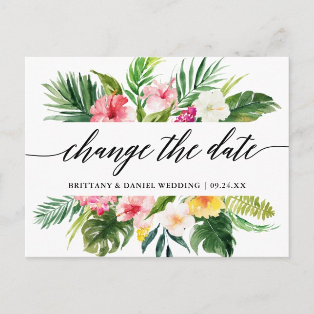 Calligraphy Tropical Change The Date New Date Postcard (Front)