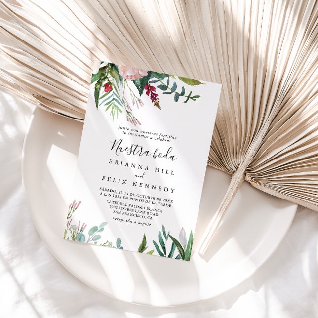 Calligraphy Tropical Floral Nuestra Boda Wedding Invitation (Creator Uploaded)