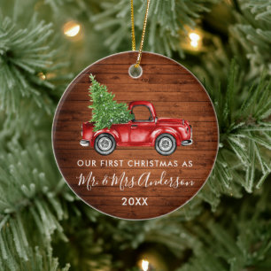 Calligraphy Truck Wood First Christmas Mr. Mrs.  Ceramic Ornament