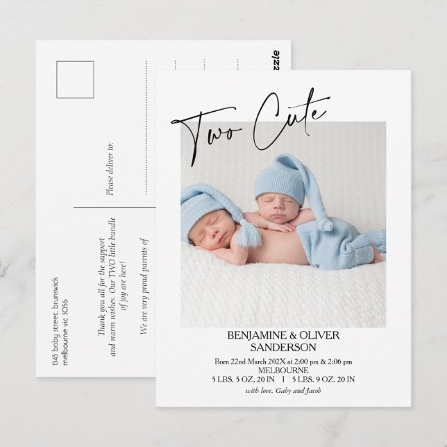 Calligraphy Two Cute Twins Birth Announcement Postcard (Front/Back)