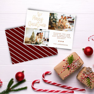 Calligraphy Two Photo Striped Christmas Rose Gold Foil Holiday Card