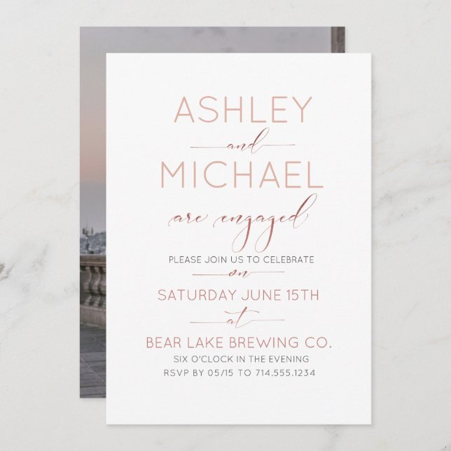 CALLIGRAPHY TYPOGRAPHY Blush Rose Gold Engagement Invitation (Front/Back)