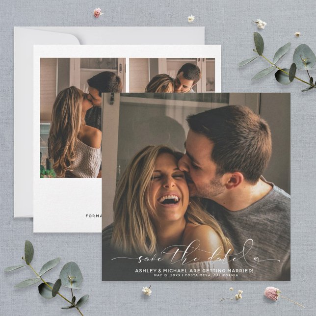 Calligraphy Typography Square 3 Photo Wedding Save The Date (Creator Uploaded)