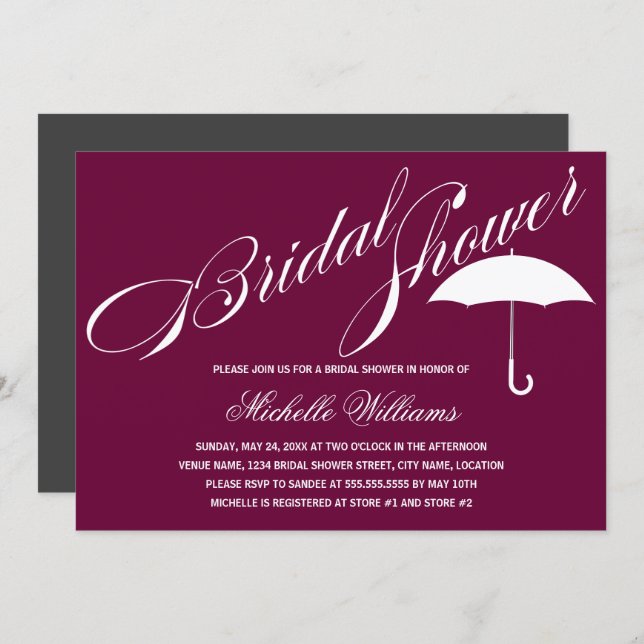 Calligraphy Umbrella Plum Bridal Shower Invitation (Front/Back)